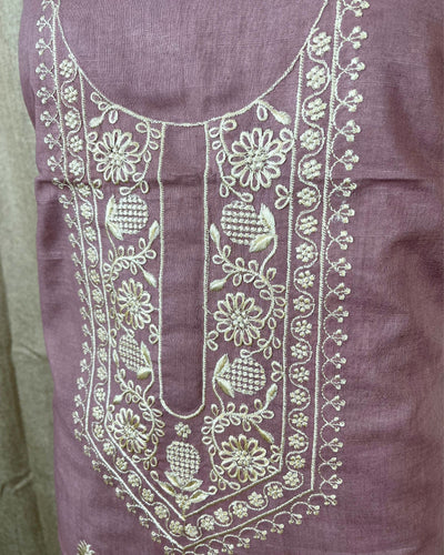 Indiehaat | Gulmohar Slub Linen Mauve Unstiched Embroidered Suit