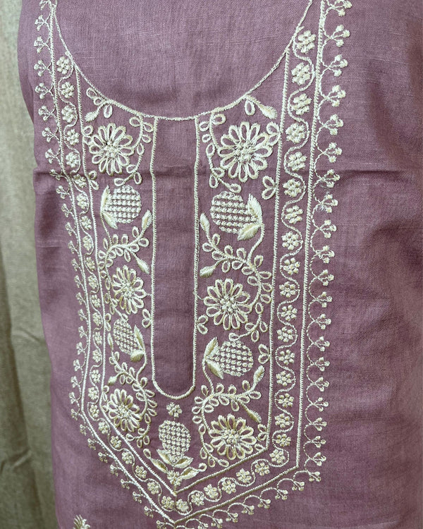 Indiehaat | Gulmohar Slub Linen Mauve Unstiched Embroidered Suit