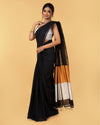 Silk Linen Plain Saree Black Color with contrast border and attached Running Blouse-Indiehaat