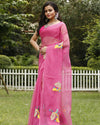 Brilliant Rose Pink Pure Kota Doria Saree Embroidered