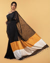 Silk Linen Plain Saree Black Color with contrast border and attached Running Blouse-Indiehaat