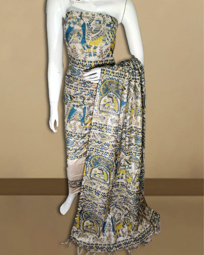 Dazzling Katan Silk Madhubani Beige Suit (T+B+D)