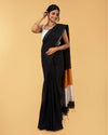 Silk Linen Plain Saree Black Color with contrast border and attached Running Blouse-Indiehaat