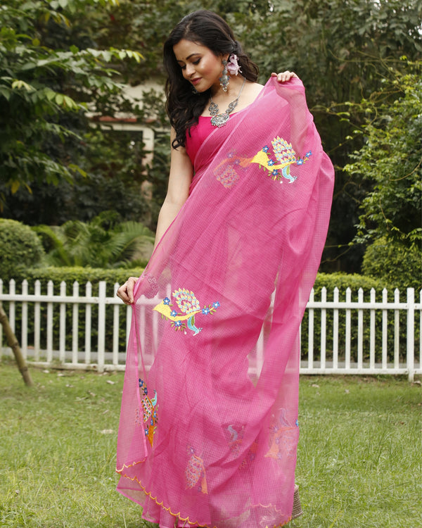 Brilliant Rose Pink Pure Kota Doria Saree Embroidered