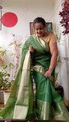 Silk Linen Banarasi Brocade Weaving Handloom Green Saree with Blouse-Indiehaat