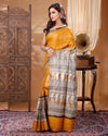 Silkmark Tussar Poetic Blockprint Yellow & Gray Saree