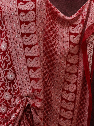 Indiehaat | Red Georgette Chikankari Saree | Lucknowi