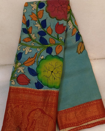 Indiehaat | Mangalagiri Pattu Kalamkari Blue Saree | Unique