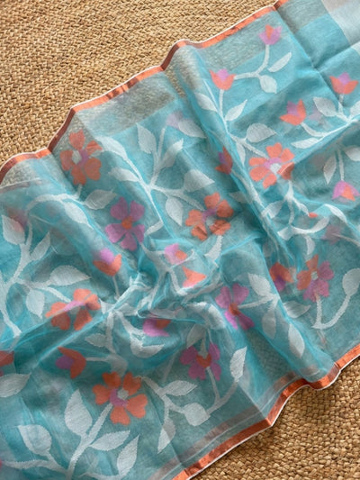 Indiehaat | Pure Muslin Silk Jamdani Saree Blue