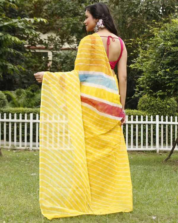 Mustard Cotton Kota Doria Yellow Saree Handcrafted