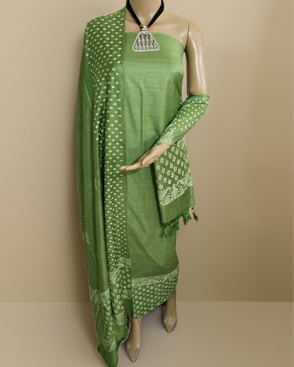 Katan Silk Splendid Blockprint Green Suit