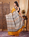 Silkmark Tussar Poetic Blockprint Yellow & Gray Saree