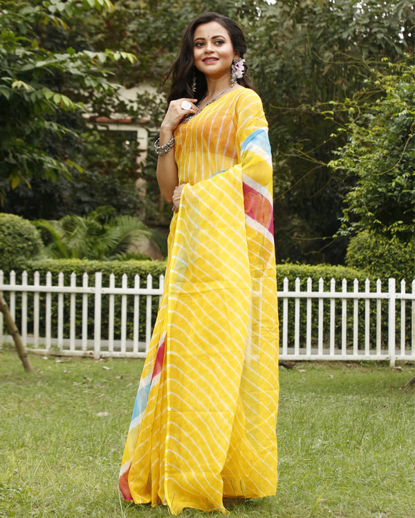 Mustard Cotton Kota Doria Yellow Saree Handcrafted