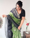 Slub Linen Saree Batik Print Moss Green Color with running blouse-Indiehaat