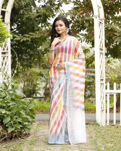 Ivory Cotton Kota Doria White Saree Handcrafted