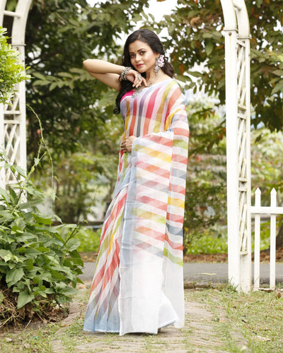 Ivory Cotton Kota Doria White Saree Handcrafted