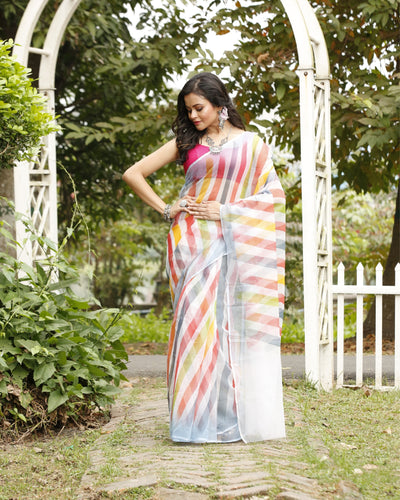 Ivory Cotton Kota Doria White Saree Handcrafted