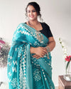 Turquoise Slub Linen Saree Batik Print Turquoise Blue