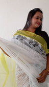 Earthy Kota Doria Saree Green & White Blockprinted