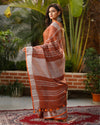 Handwoven Pure Linen Brown Saree with running blouse-Indiehaat