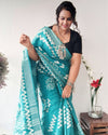 Turquoise Slub Linen Saree Batik Print Turquoise Blue