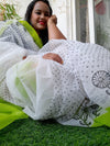 Earthy Kota Doria Saree Green & White Blockprinted