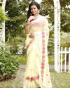 Artisanal Kota Doria Cotton Floral Embroidery Saree Yellow