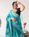 Turquoise Slub Linen Saree Batik Print Turquoise Blue