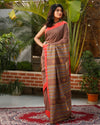 Pure Cotton Handloom Saree Plain Body Martini Brown Color with running blouse-Indiehaat