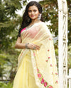 Artisanal Kota Doria Cotton Floral Embroidery Saree Yellow