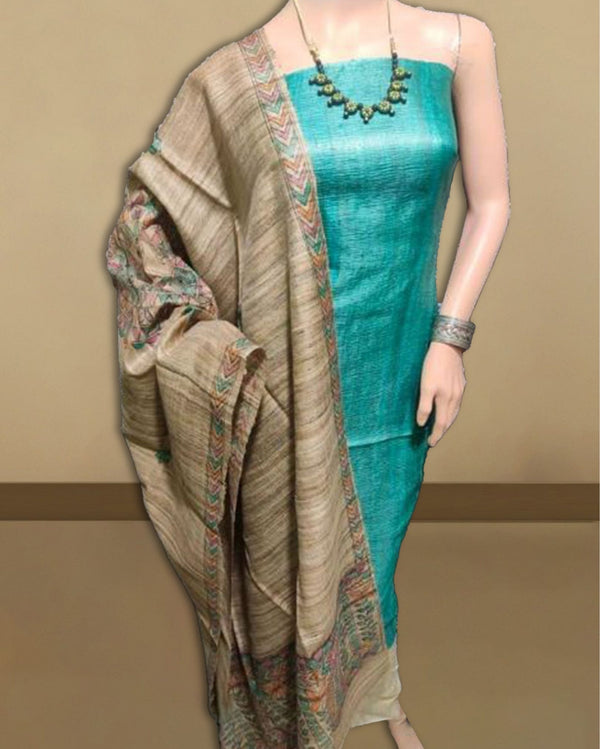 Silkmark Tussar Beige Madhubani Graceful Dupatta & Blue Top