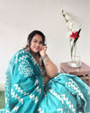 Turquoise Slub Linen Saree Batik Print Turquoise Blue