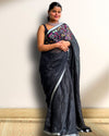 Pure Linen Handloom Saree Eerie Black Color Hand Embroidered with Running Blouse-Indiehaat