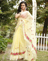 Artisanal Kota Doria Cotton Floral Embroidery Saree Yellow