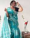 Turquoise Slub Linen Saree Batik Print Turquoise Blue