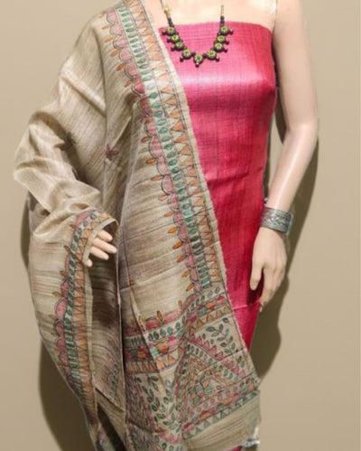 Silkmark Tussar Beige Madhubani Inspiring Dupatta & Red Top