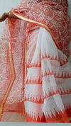 Vibrant Kota Doria Saree Orange & White Blockprinted