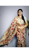 Chanderi Silk Saree Cream Colour Kalamkari Handblock Printed with running blouse-Indiehaat