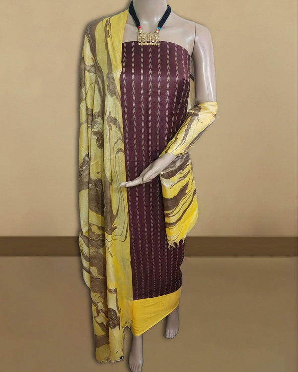 Abstract Katan Silk Tie Dyed Brown & Yellow Suit