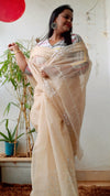 Vivid Kota Doria Cotton Bel Embroidery Beige Saree Handdyed