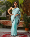 Pure Cotton Handloom Jamdani Weaving Saree Aqua Blue Color with running blouse-Indiehaat