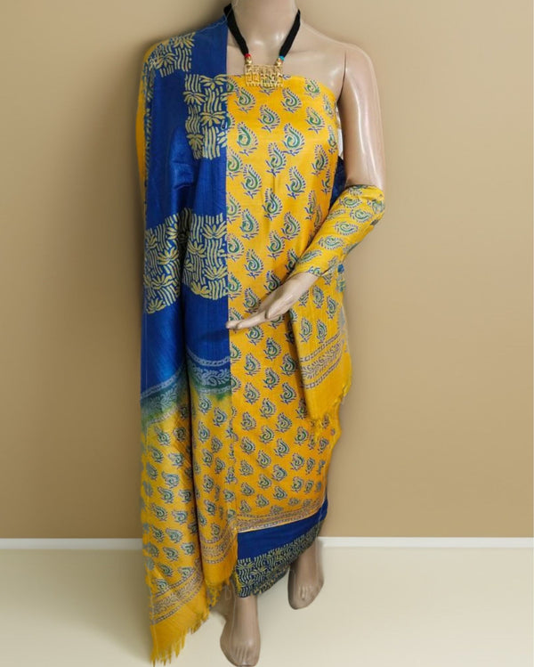 Katan Silk Kinetic Blockprint Yellow & Blue Suit