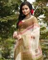 Artistic Kota Doria Blockprinted Beige & Green Saree