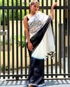 Pure Linen Handloom Saree Black & White Color Hand Embroidered with Running Blouse-Indiehaat