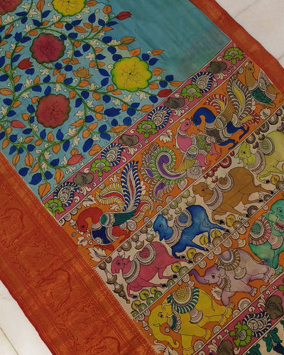 Indiehaat | Mangalagiri Pattu Kalamkari Blue Saree | Unique