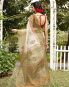 Artistic Kota Doria Blockprinted Beige & Green Saree