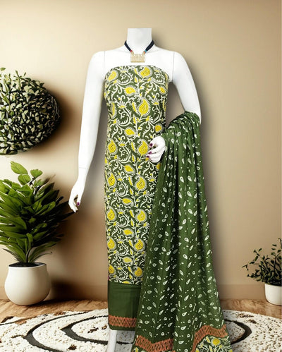 Handcrafted Green Katan Silk Suit Set with Dupatta | IndieHaat
