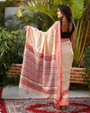 Pure Cotton Handloom Saree Striped Design Pallu Peach Color with running blouse-Indiehaat