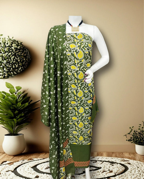 Handcrafted Green Katan Silk Suit Set with Dupatta | IndieHaat
