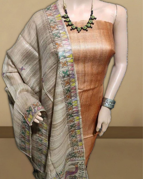 Silkmark Tussar Beige Madhubani Creative Dupatta & Beige Top
